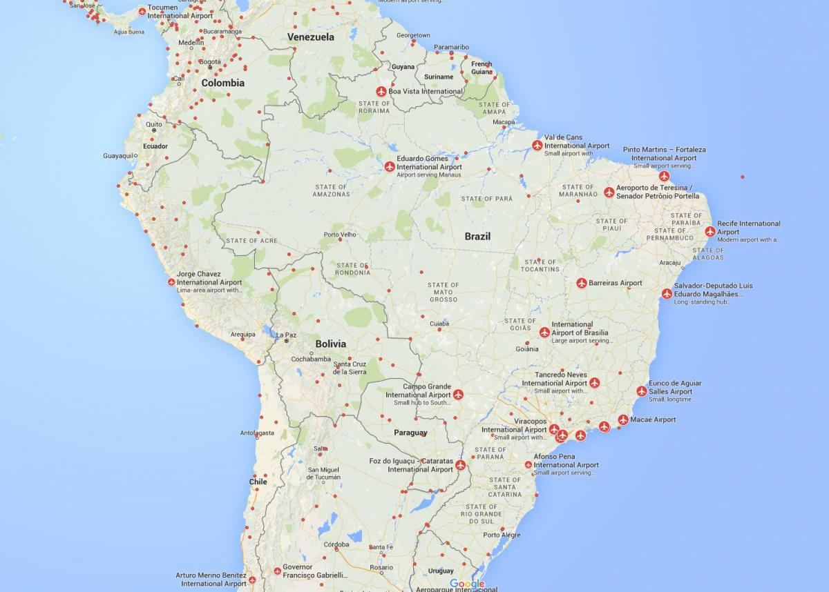 los aeropuertos internacionales en el mapa de Brasil